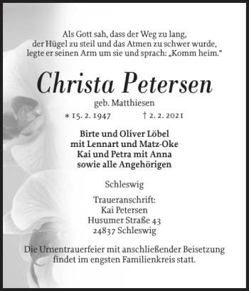 Traueranzeige von Christa Petersen von Schleswiger Nachrichten