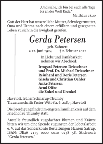Traueranzeige von Gerda Petersen von Flensburger Tageblatt