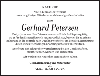 Traueranzeige von Gerhard Petersen von Norddeutsche Rundschau