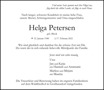 Traueranzeige von Helga Petersen von Stormarner Tageblatt