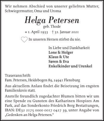Traueranzeige von Helga Petersen von Flensburger Tageblatt
