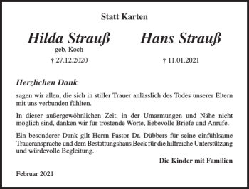 Traueranzeige von Hilda Strauß Hans Strauß von Schleswiger Nachrichten