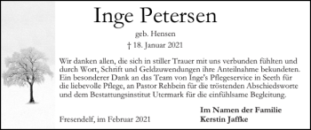 Traueranzeige von Inge Petersen von Husumer Nachrichten