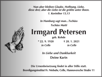 Traueranzeige von Irmgard Petersen von Norddeutsche Rundschau