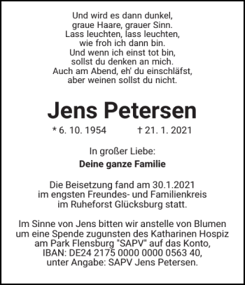 Traueranzeige von Jens Petersen von Flensburger Tageblatt