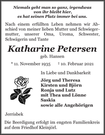 Traueranzeige von Katharine Petersen von Flensburger Tageblatt