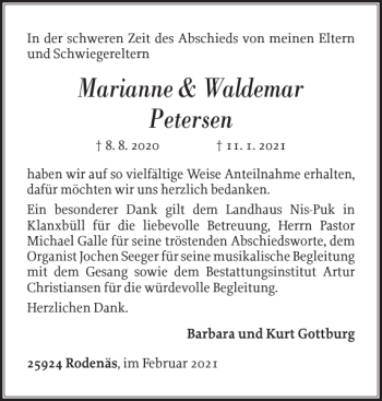 Traueranzeige von Marianne Waldemar Petersen von Sylter Rundschau