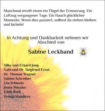 Traueranzeige von Sabine Leckband von Eckernförder Zeitung