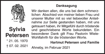 Traueranzeige von Sylvia Petersen von Flensburger Tageblatt