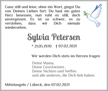 Traueranzeige von Sylvia Petersen von Flensburger Tageblatt