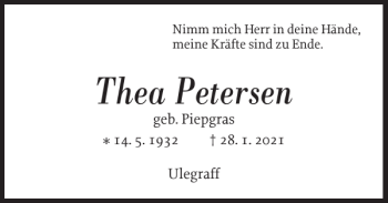 Traueranzeige von Thea Petersen von Flensburger Tageblatt