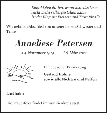 Traueranzeige von Anneliese Petersen von Nordfriesland Tageblatt