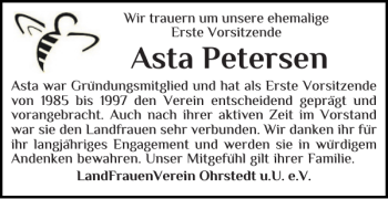 Traueranzeige von Asta Petersen von Husumer Nachrichten