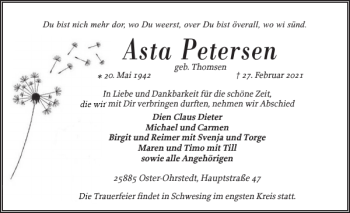 Traueranzeige von Asta Petersen von Flensburger Tageblatt