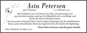 Traueranzeige von Asta Petersen von Flensburger Tageblatt
