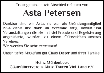 Traueranzeige von Asta Petersen von Husumer Nachrichten