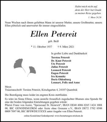 Traueranzeige von Ellen Petereit von Flensburger Tageblatt