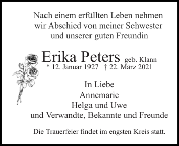 Traueranzeige von Erika Peters von Uetersener Nachrichten