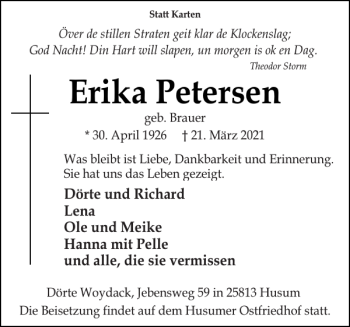 Traueranzeige von Erika Petersen von Husumer Nachrichten