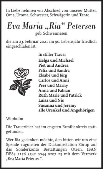 Traueranzeige von Eva Maria Ria Petersen von Flensburger Tageblatt