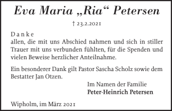 Traueranzeige von Eva Maria Ria Petersen von Flensburger Tageblatt