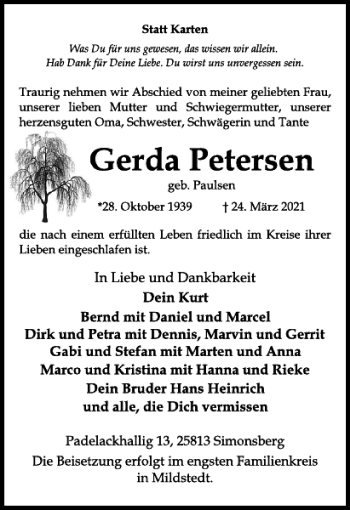 Traueranzeige von Gerda Petersen von Husumer Nachrichten