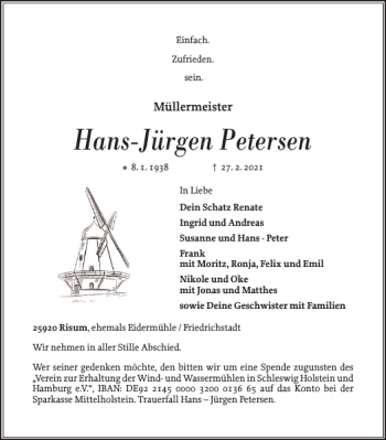 Traueranzeige von Hans-Jürgen Petersen von Husumer Nachrichten