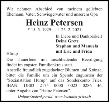 Traueranzeige von Heinz Petersen von Flensburger Tageblatt