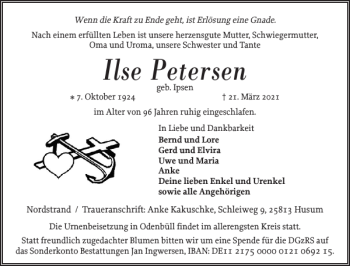 Traueranzeige von Ilse Petersen von Husumer Nachrichten