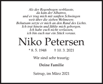 Traueranzeige von Niko Petersen von Flensburger Tageblatt