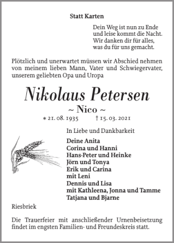 Traueranzeige von Nikolaus Petersen von Flensburger Tageblatt