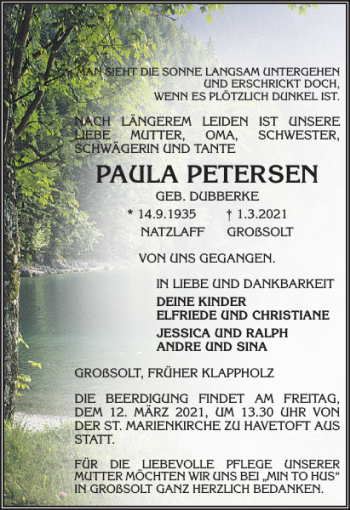 Traueranzeige von PAULA PETERSEN von Flensburger Tageblatt