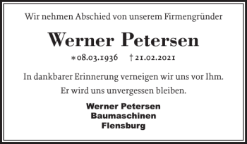 Traueranzeige von Werner Petersen von Flensburger Tageblatt