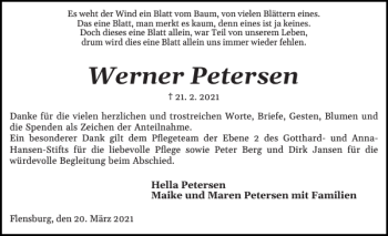 Traueranzeige von Werner Petersen von Flensburger Tageblatt