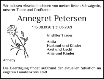 Traueranzeige von Annegret Petersen von Flensburger Tageblatt