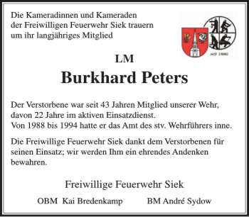Traueranzeige von Burkhard Peters von Stormarner Tageblatt
