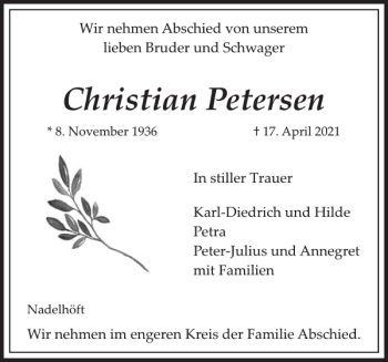 Traueranzeige von Christian Petersen von Flensburger Tageblatt