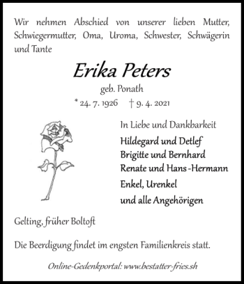 Traueranzeige von Erika Peters geb. Ponath von Flensburger Tageblatt