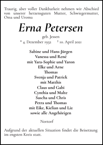 Traueranzeige von Erna Petersen von Landeszeitung