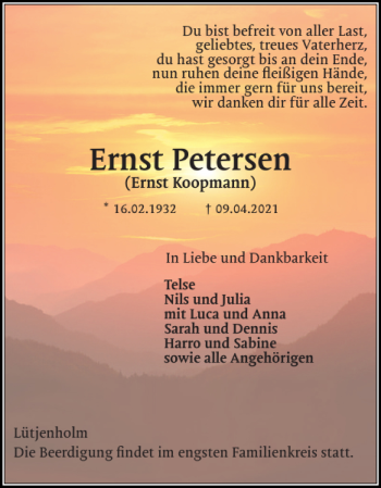 Traueranzeige von Ernst Petersen von Husumer Nachrichten