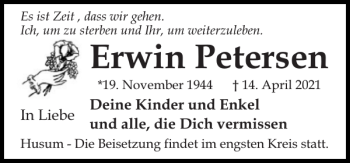 Traueranzeige von Erwin Petersen von Husumer Nachrichten