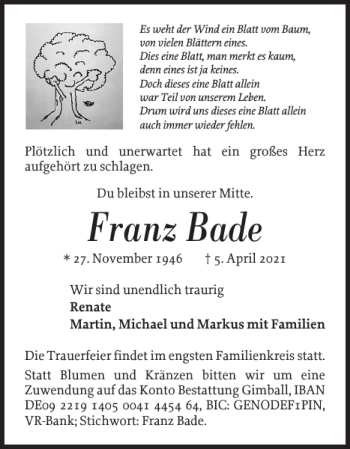 Traueranzeige von Franz Bade von Uetersener Nachrichten