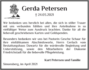 Traueranzeige von Gerda Petersen von Husumer Nachrichten
