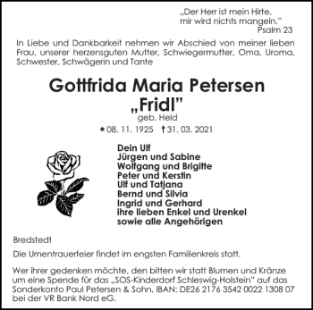 Traueranzeige von Gottfrida Maria Petersen Fridl von Husumer Nachrichten