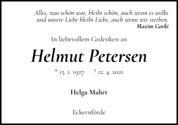 Traueranzeige von Helmut Petersen von Husumer Nachrichten