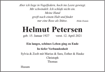 Traueranzeige von Helmut Petersen von Husumer Nachrichten