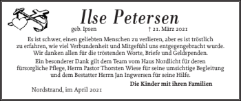 Traueranzeige von Ilse Petersen von Husumer Nachrichten