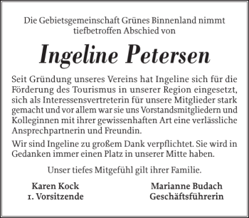 Traueranzeige von Ingeline Petersen von Flensburger Tageblatt