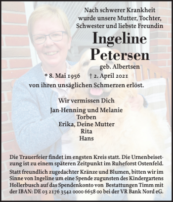 Traueranzeige von Ingeline Petersen von Flensburger Tageblatt