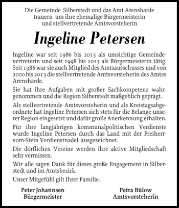 Traueranzeige von Ingeline Petersen von Schleswiger Nachrichten
